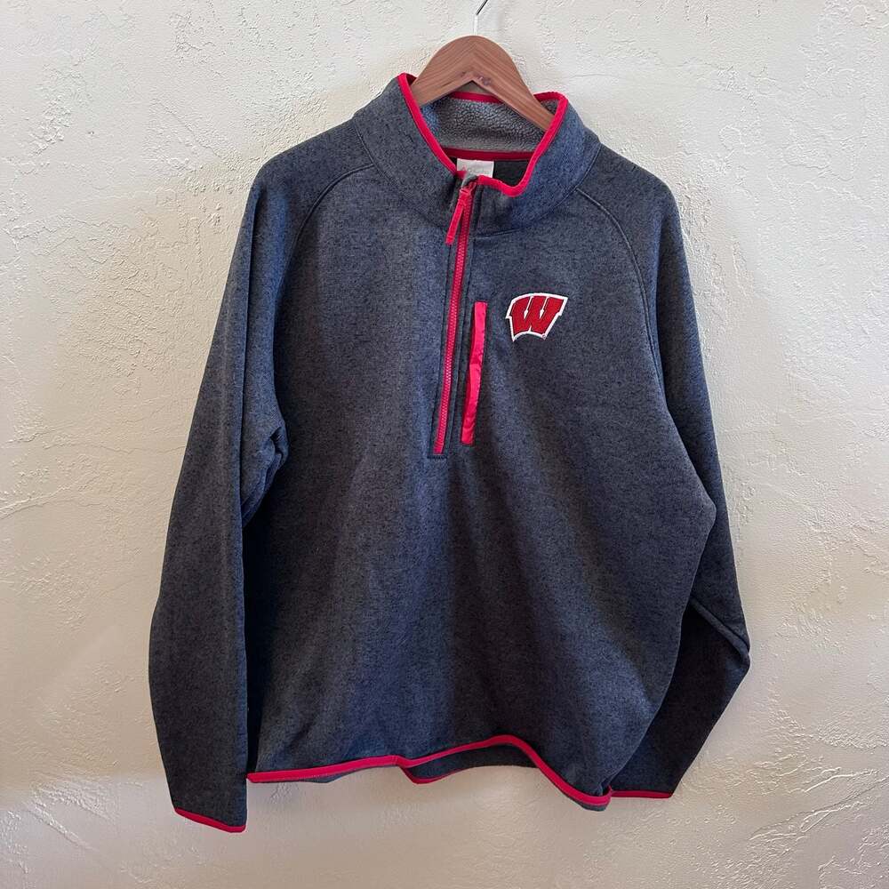 Columbia Wisconsin Badgers 1/4 Zip Fleece Pullover Jacket Grey Red XXL